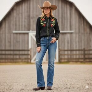 Roper Western Style Black Embroidered Floral Long Sleeve Snap Button Shirt M